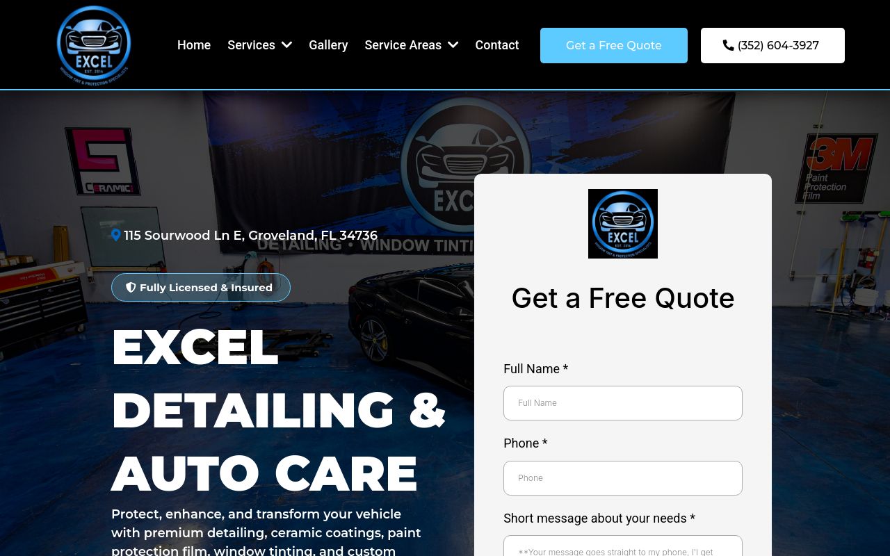 Homepage of Excel Detailing & Auto Care's website