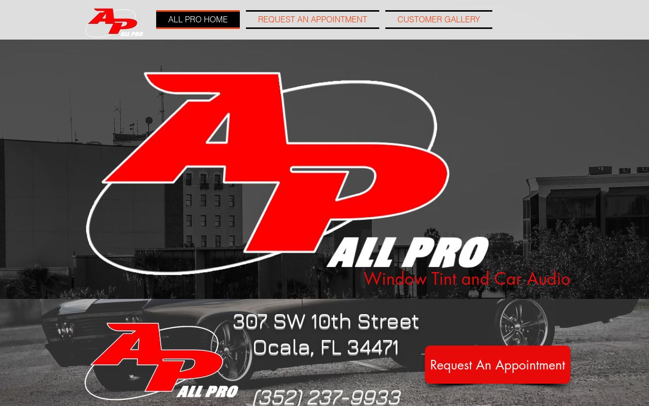 Homepage of All Pro Window Tint & Car Audio's website