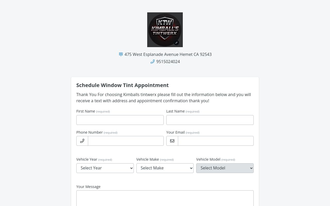 Homepage of Kimballs TintWerx's website