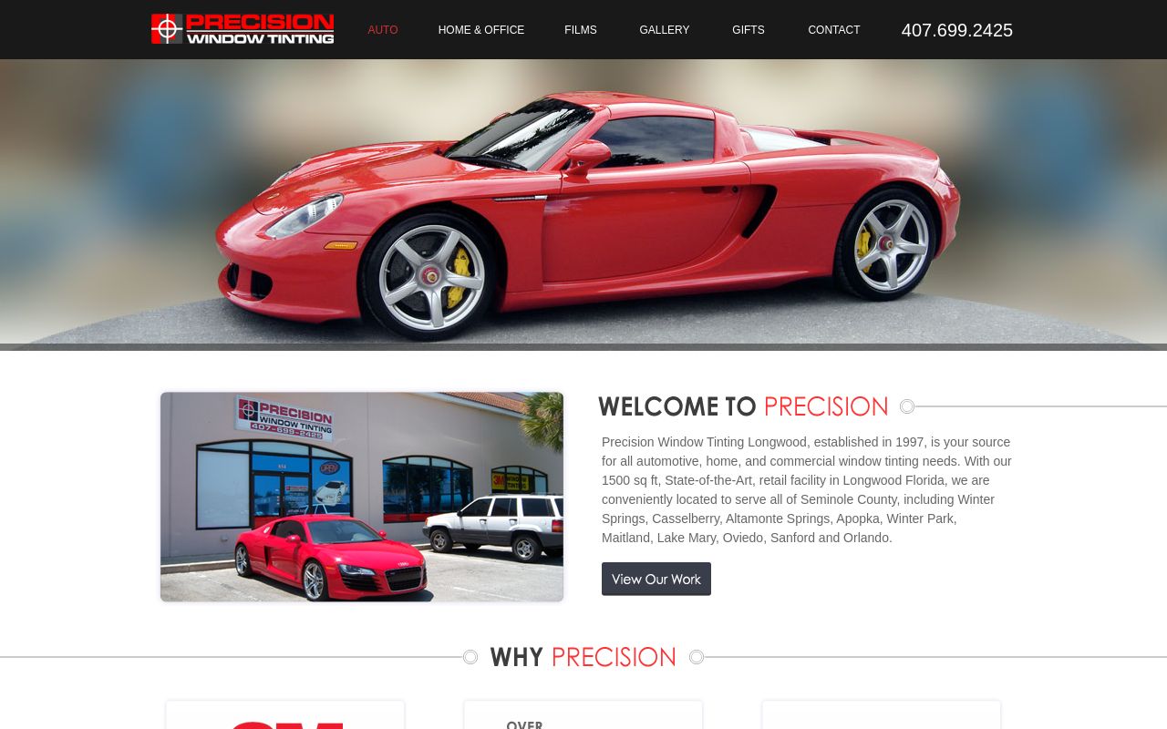Homepage of Precision Window Tinting's website