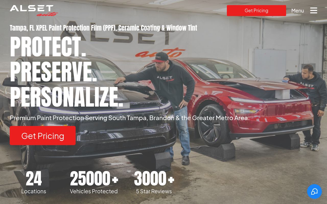 Homepage of Alset Auto Tampa LLC - Luxury EV Care's website