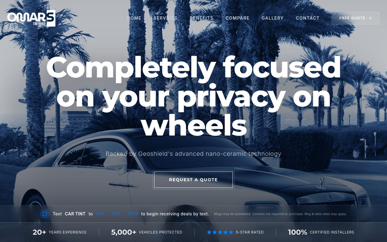 Homepage of Omar's Tint Shop's website