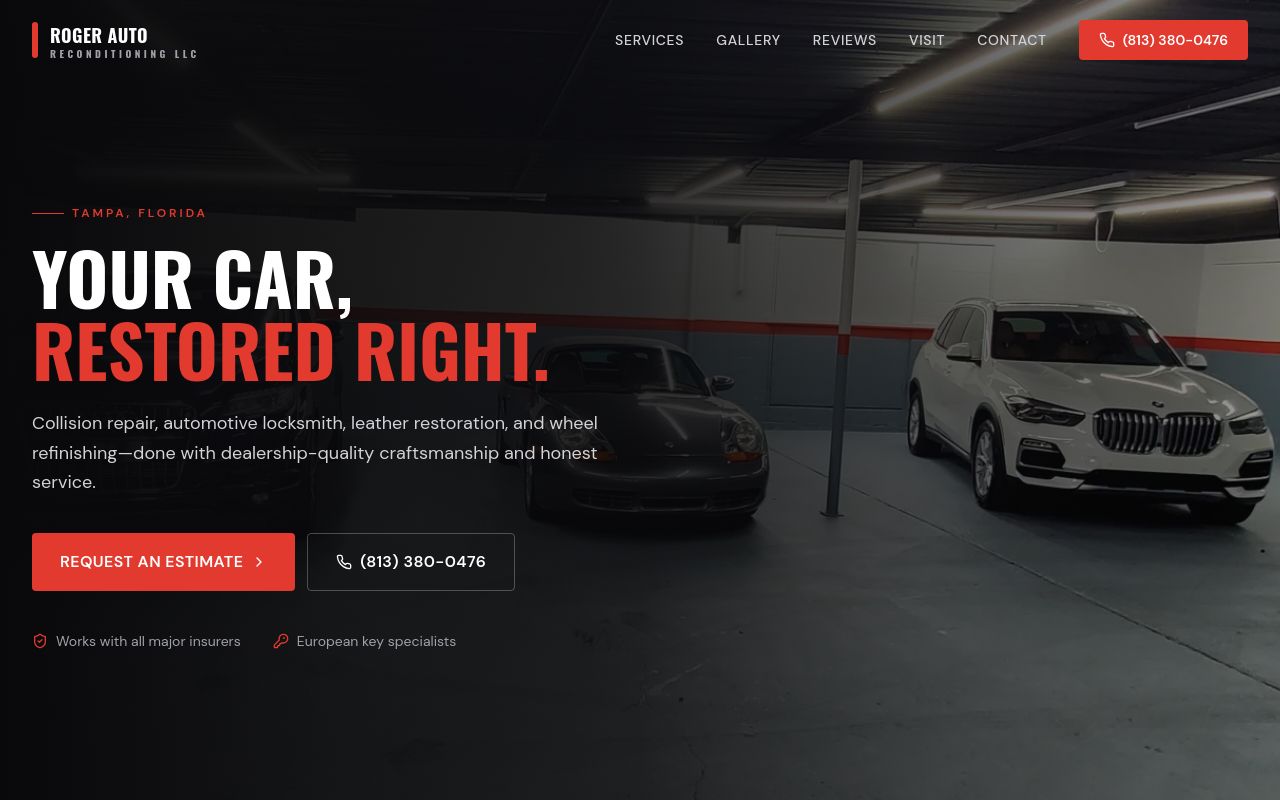 Homepage of Roger Auto Reconditioning's website