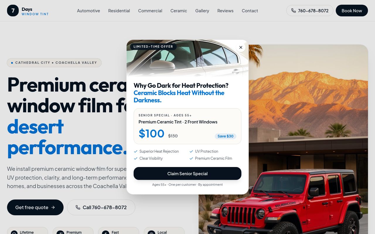 Homepage of 7 Days Window Tint's website
