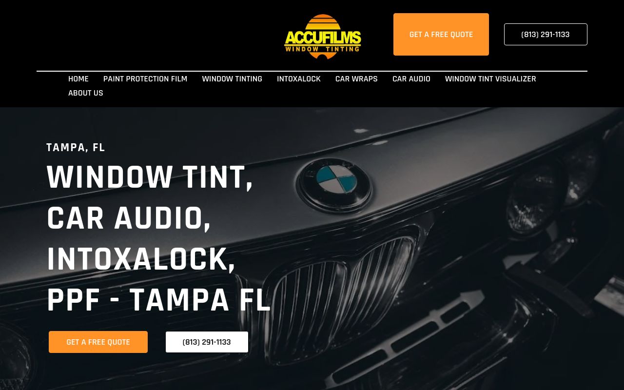 Homepage of Accufilms Window Tinting's website