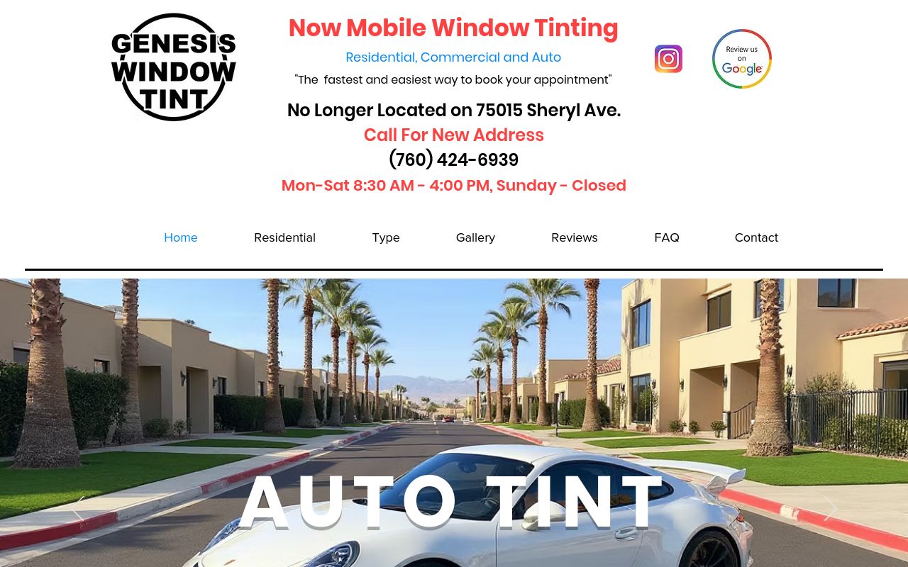 Homepage of Genesis Window Tint's website