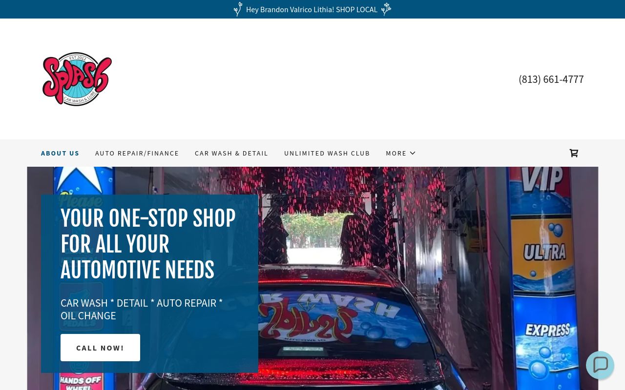 Homepage of Splash Car Wash and Lube's website