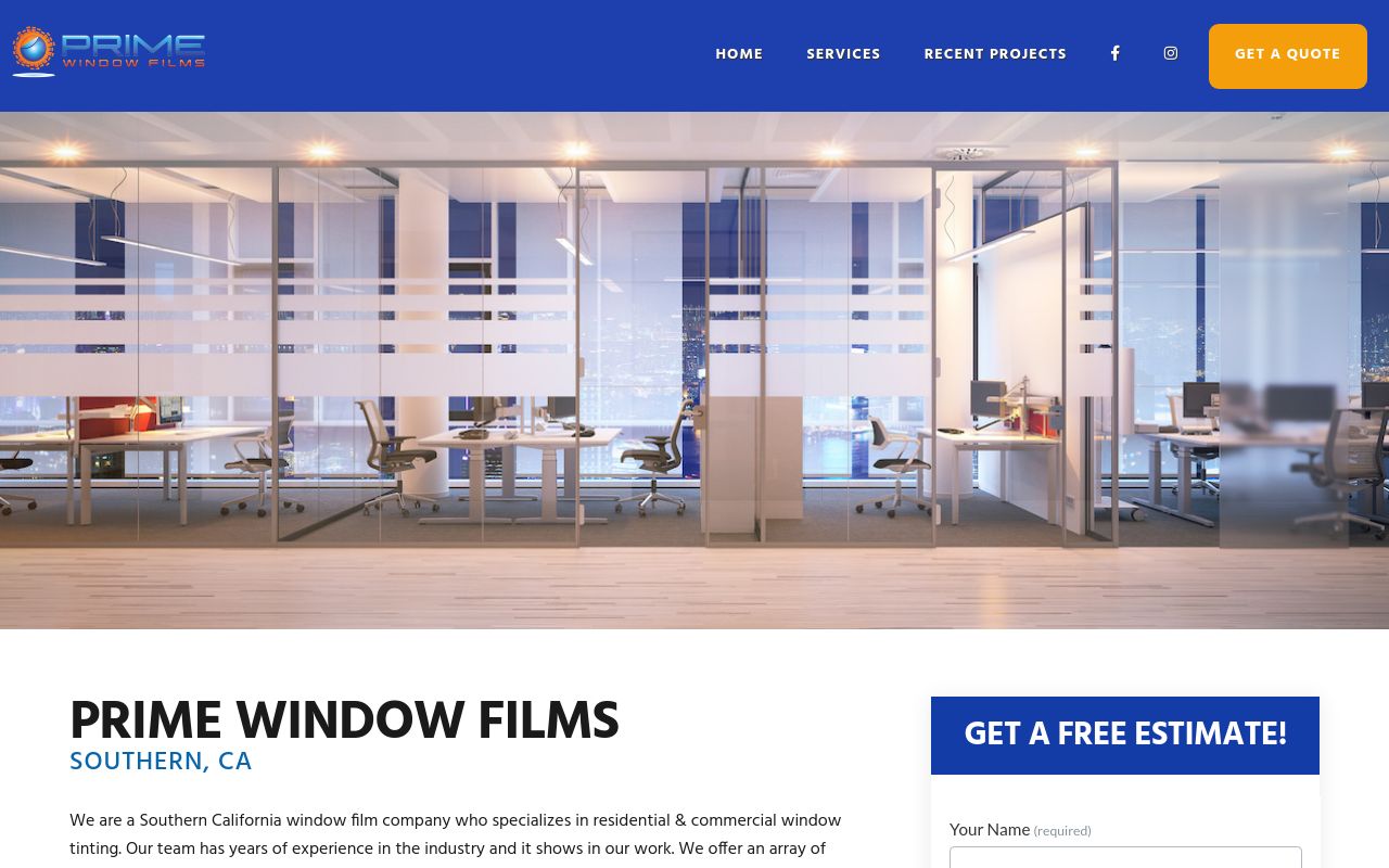 Homepage of Prime Window Films - Residential & Commercial's website