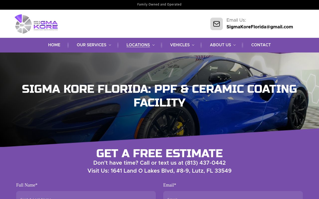 Homepage of Sigma Kore Florida Ceramic Coating, PPF, Detailing & TINT's website