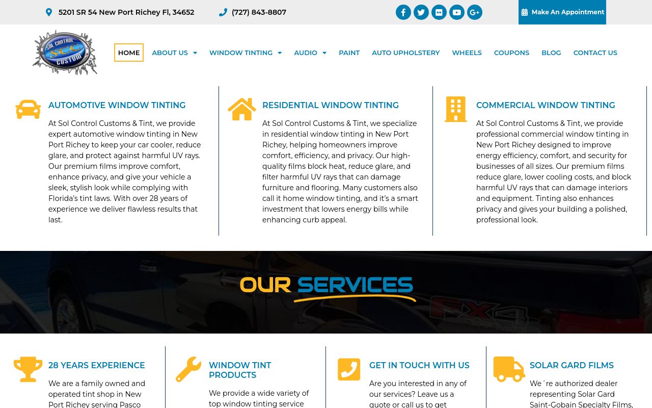 Homepage of Sol Control Custom's website
