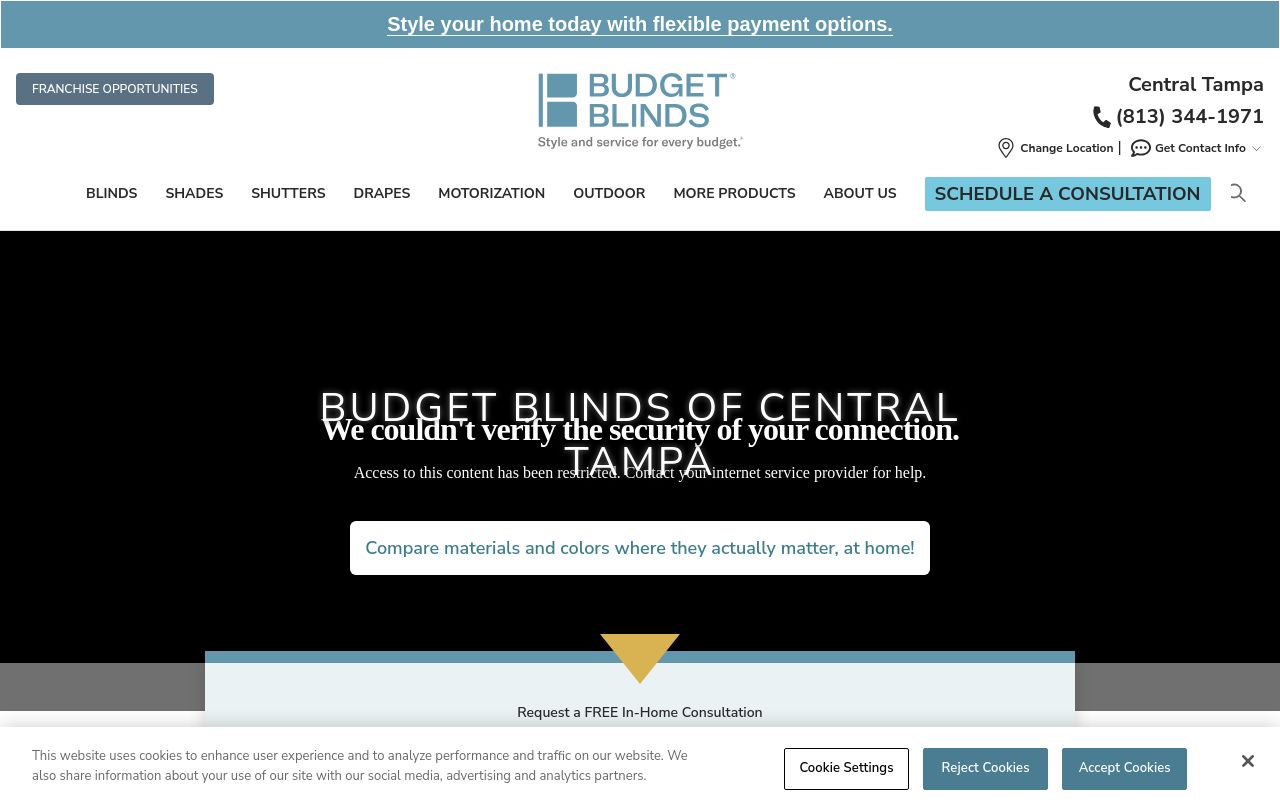 Homepage of Budget Blinds of Central Tampa's website