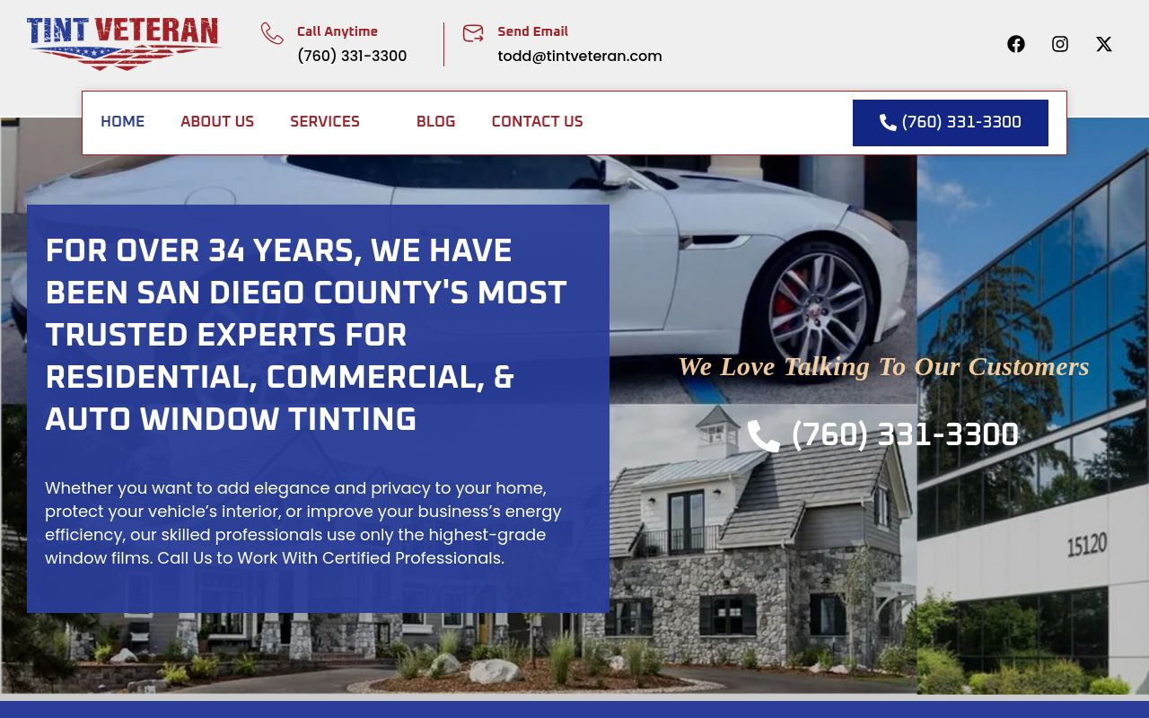 Homepage of Tint Veteran Residential, Auto, Commercial Window Tinting (Carlsbad, CA)'s website