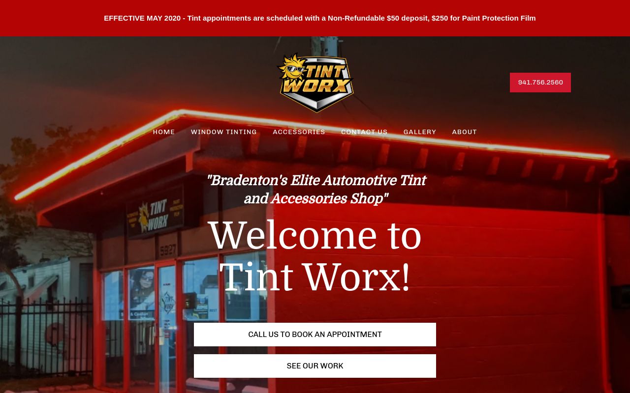 Homepage of Tint Worx of Florida's website