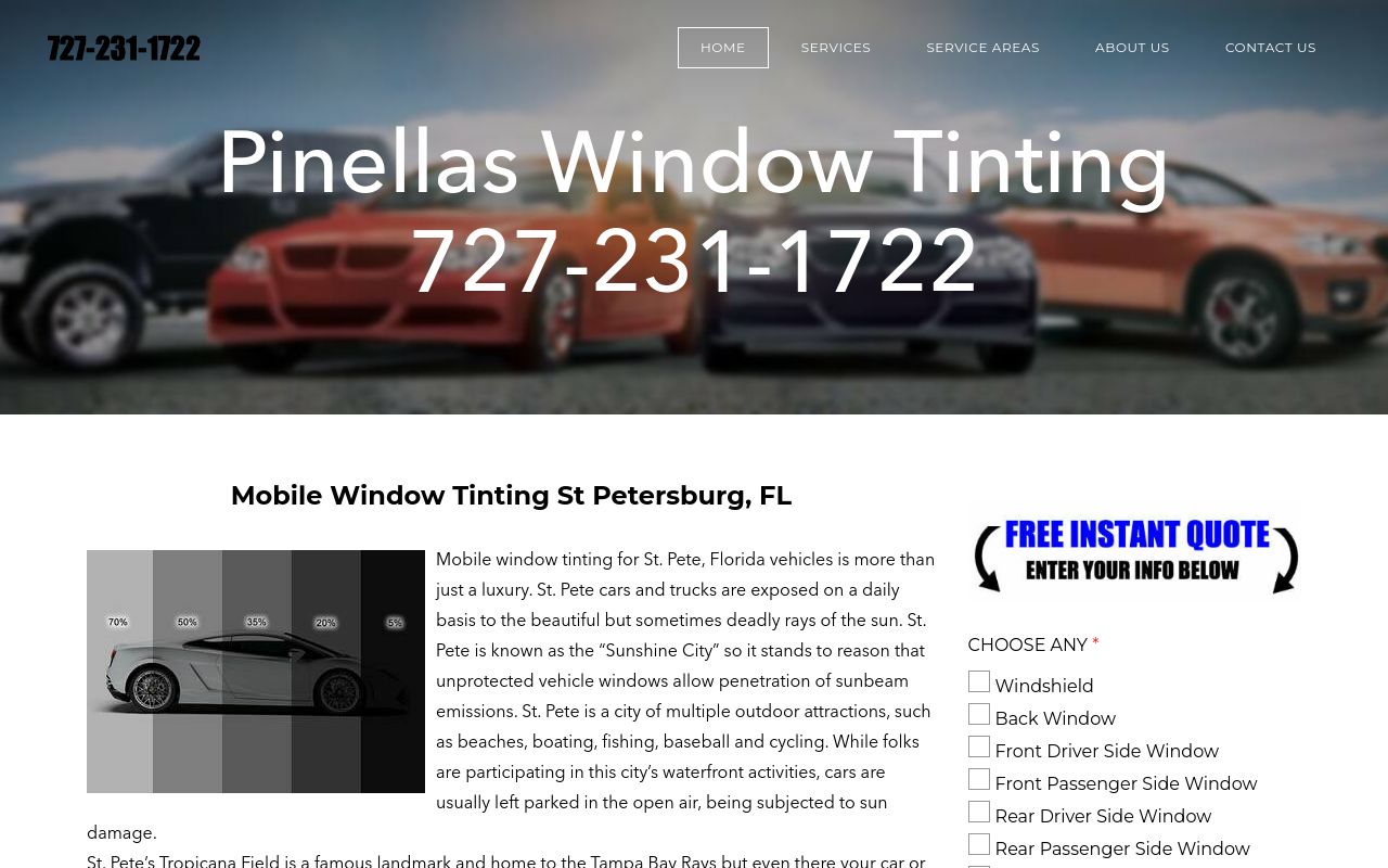 Homepage of Pinellas Window Tinting's website