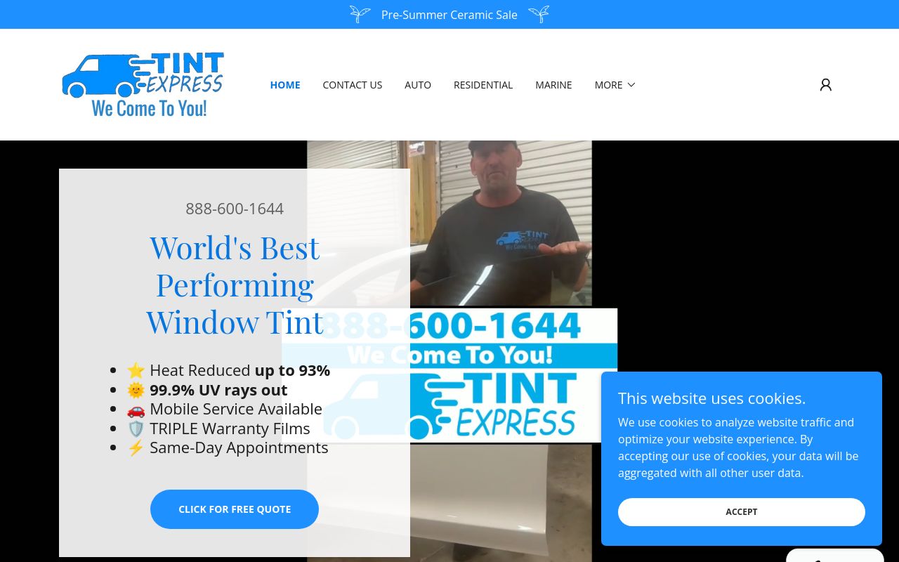 Homepage of Tint Express Tampa's website