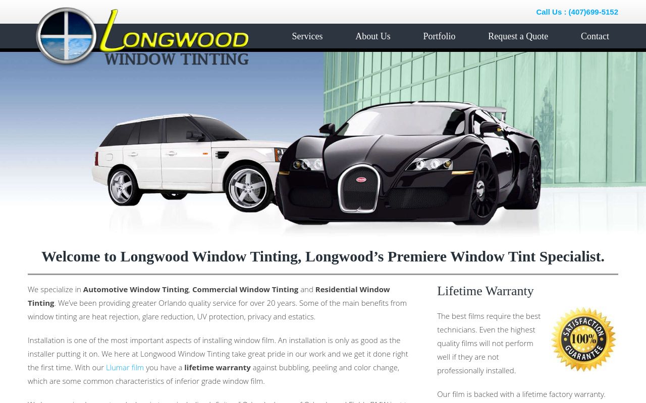 Homepage of Longwood Window Tinting's website