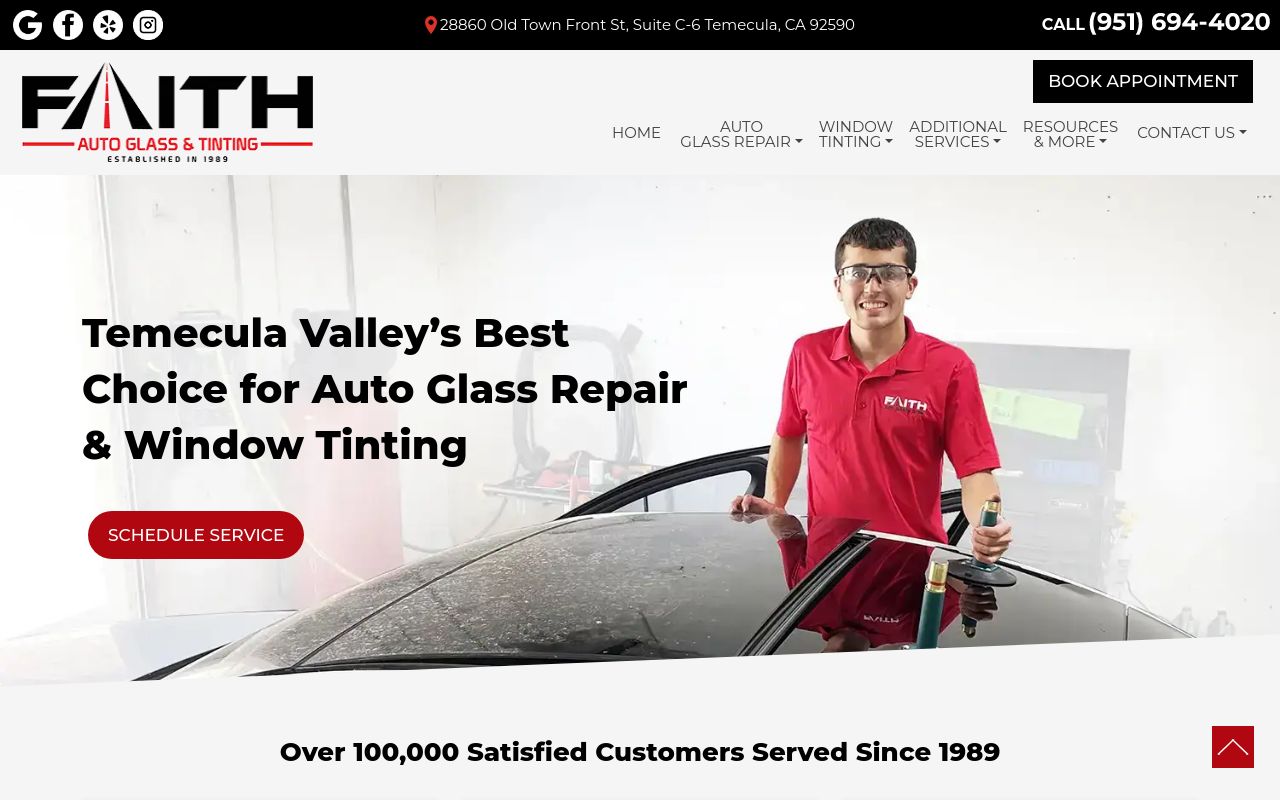 Homepage of Faith Auto Glass & Window Tinting's website