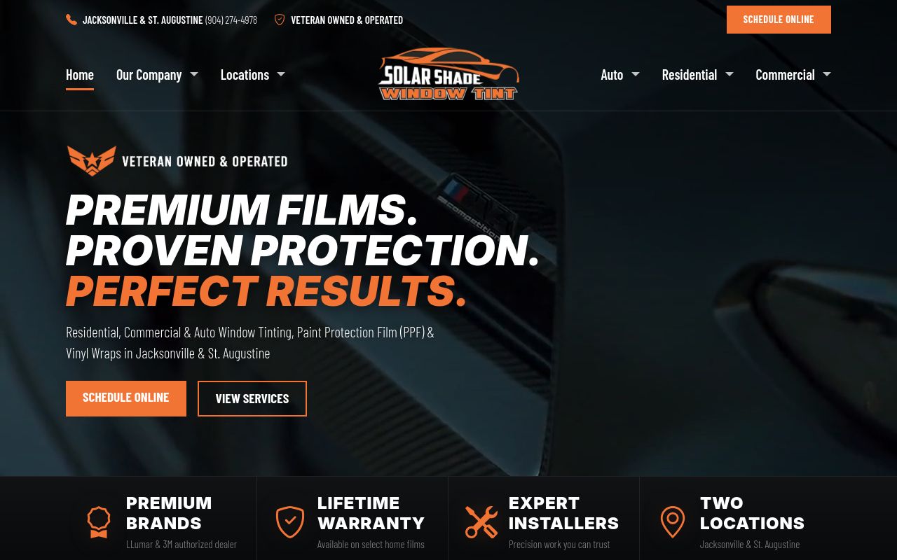 Homepage of Solar Shade Window Tint's website