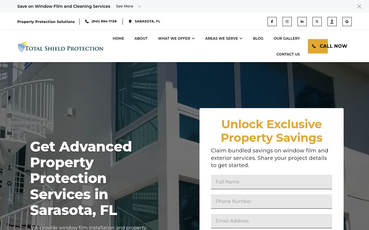Homepage of Total Shield Protection's website