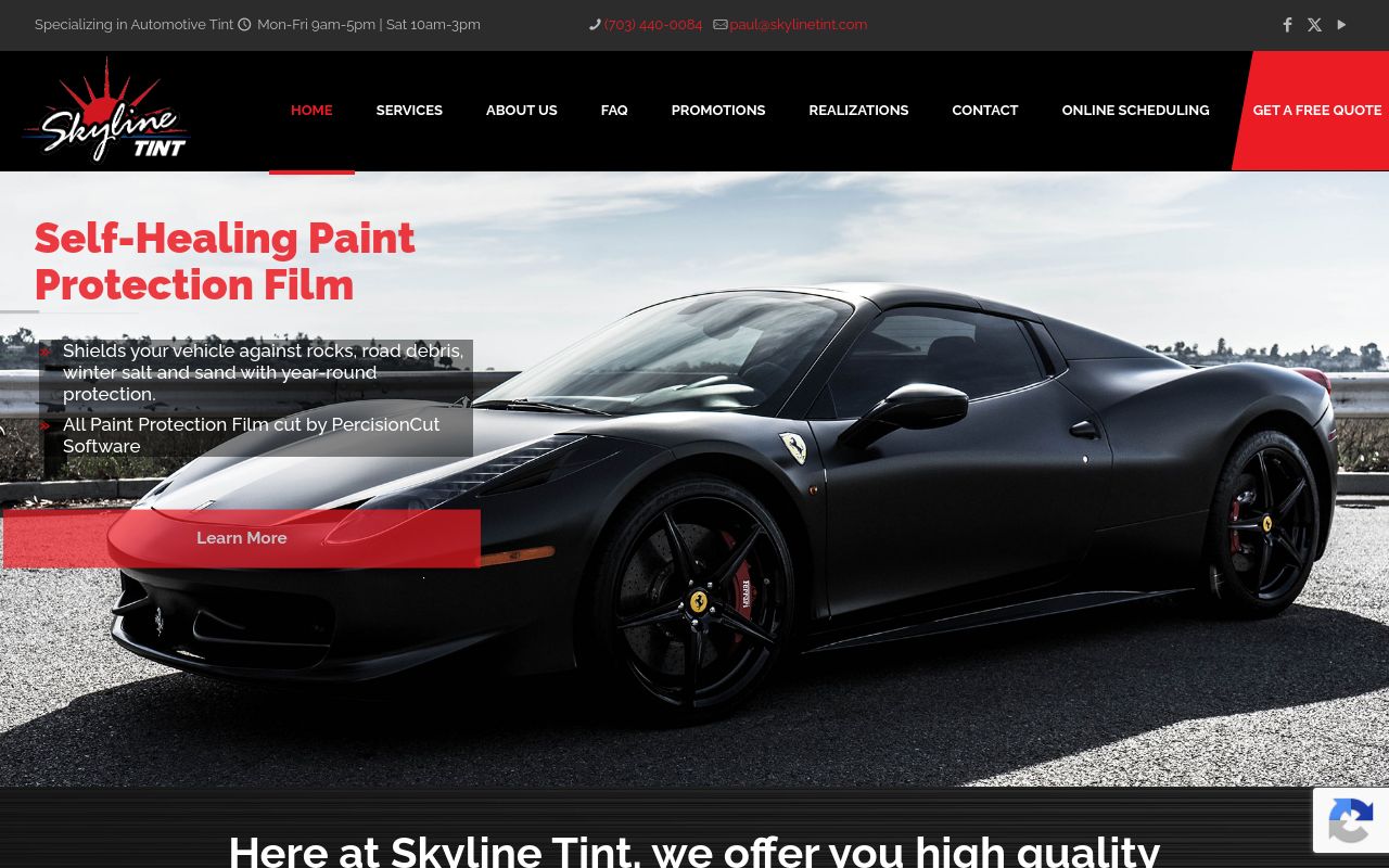 Homepage of Skyline Tint's website