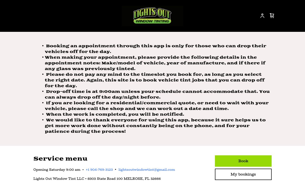 Homepage of Lights Out Window Tint LLC's website