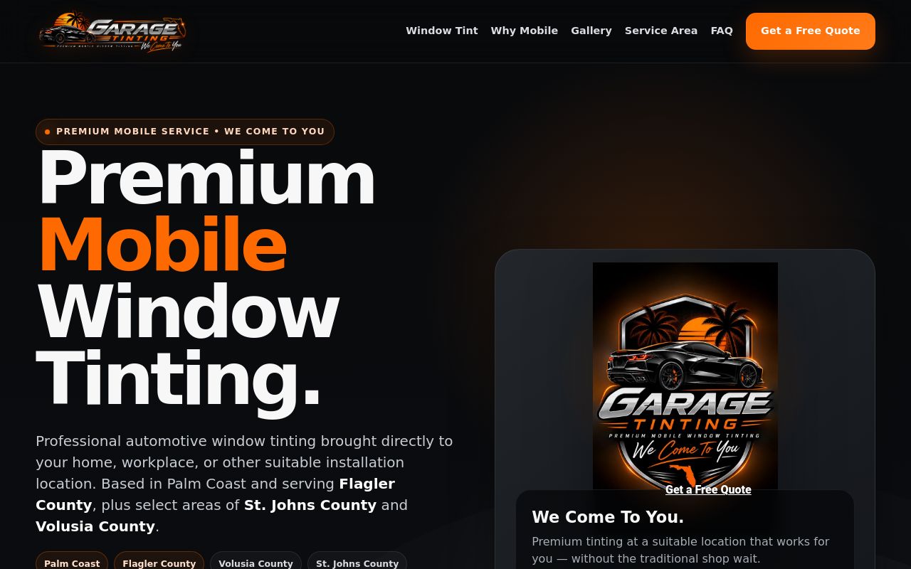 Homepage of Garage Tinting's website
