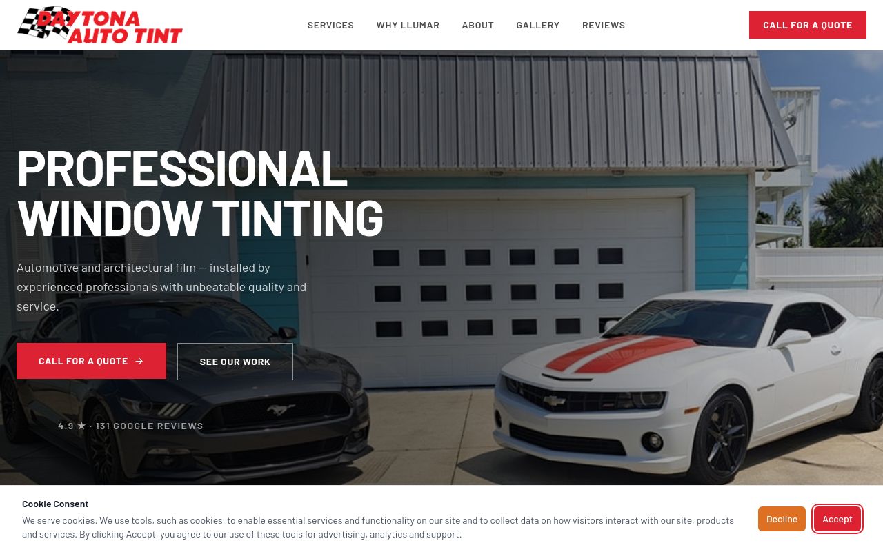 Homepage of Daytona Auto Tint's website