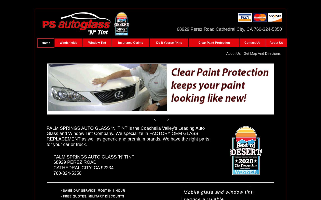 Homepage of Palm Springs Auto Glass 'N' Tint's website