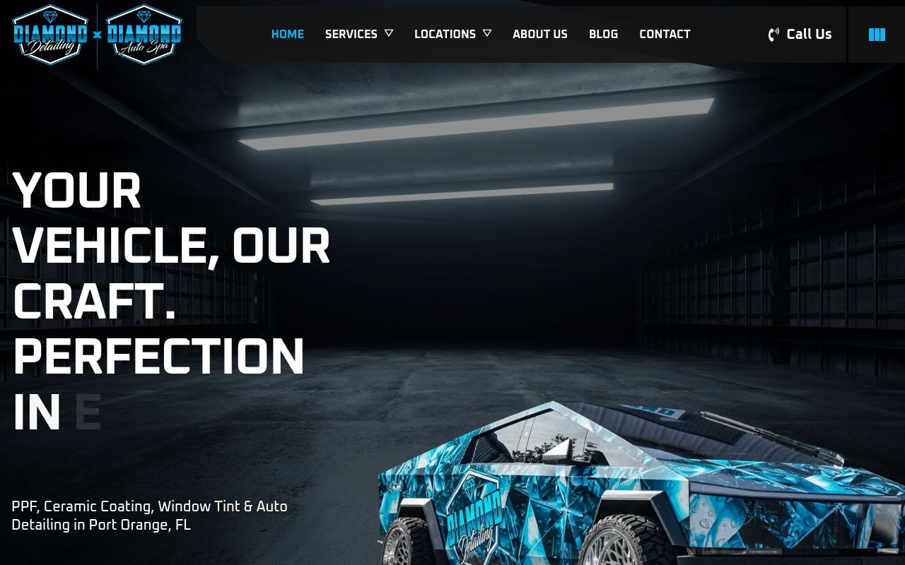 Homepage of Diamond Detailing & Tinting's website