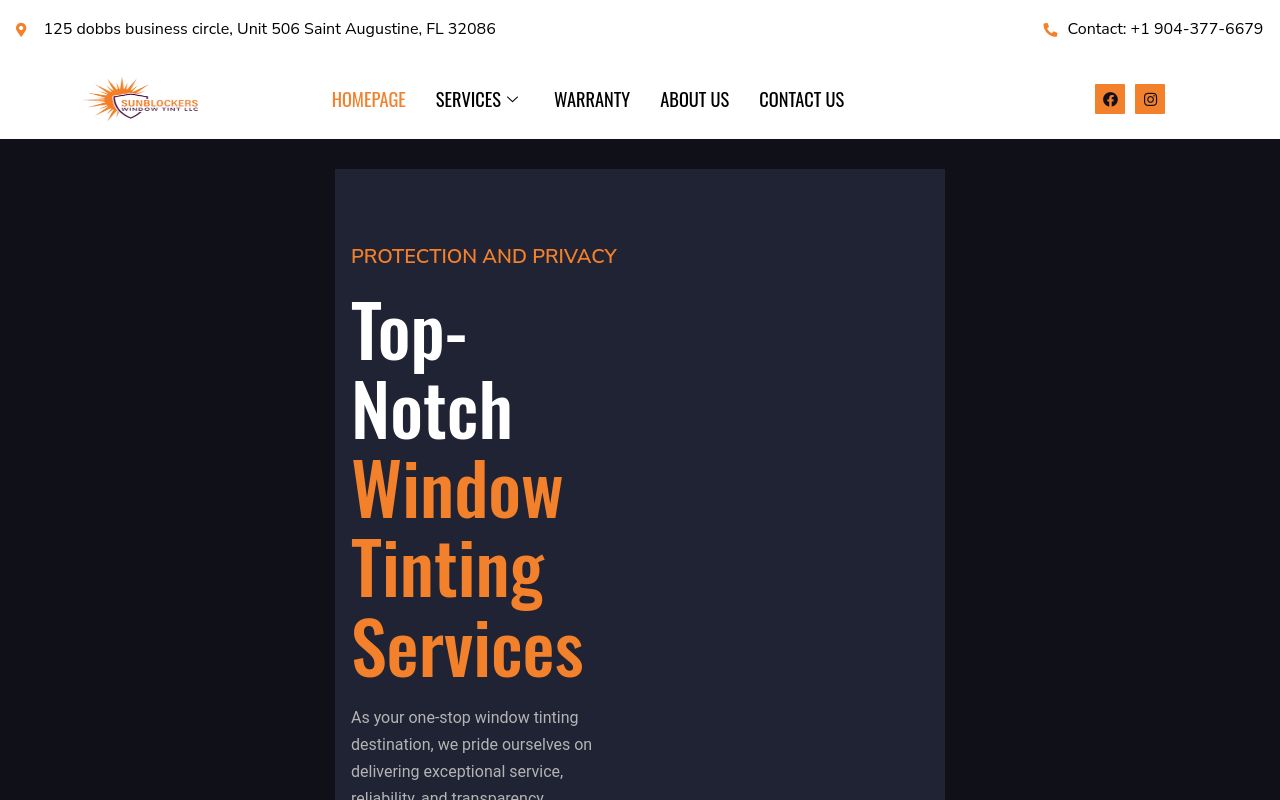 Homepage of Sunblockers Window Tinting LLC's website