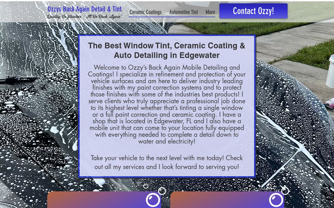 Homepage of Ozzy's Back Again Tinting & Mobile Detailing's website