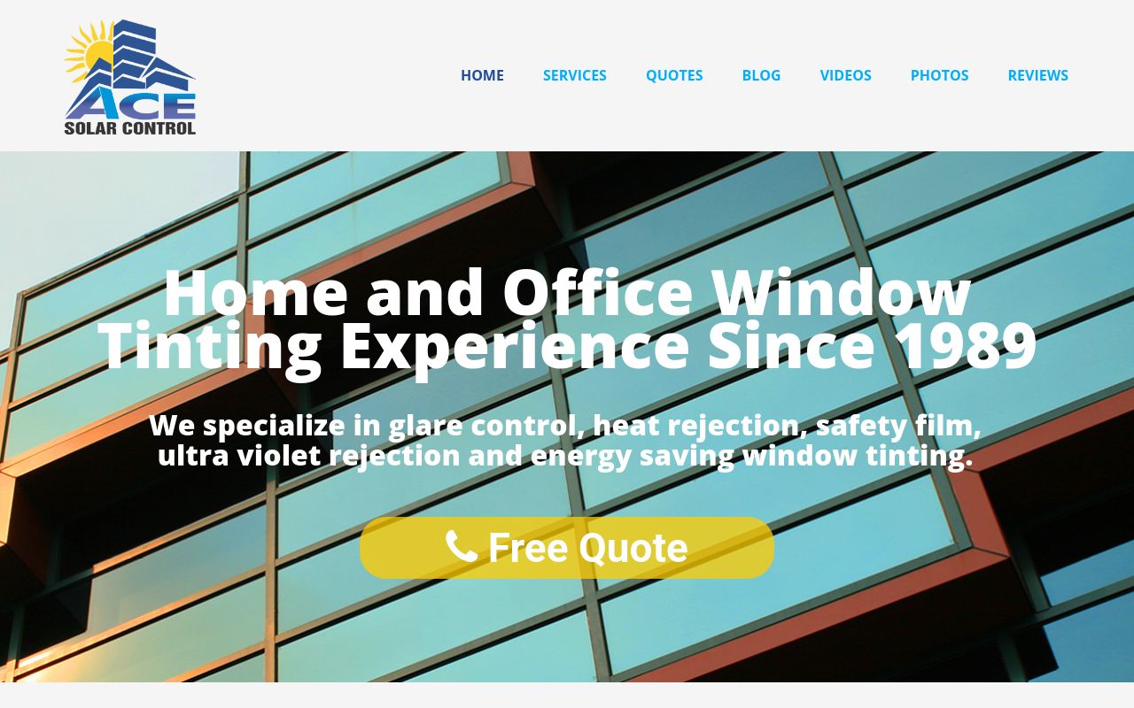 Homepage of ACE Solar Control LLC's website