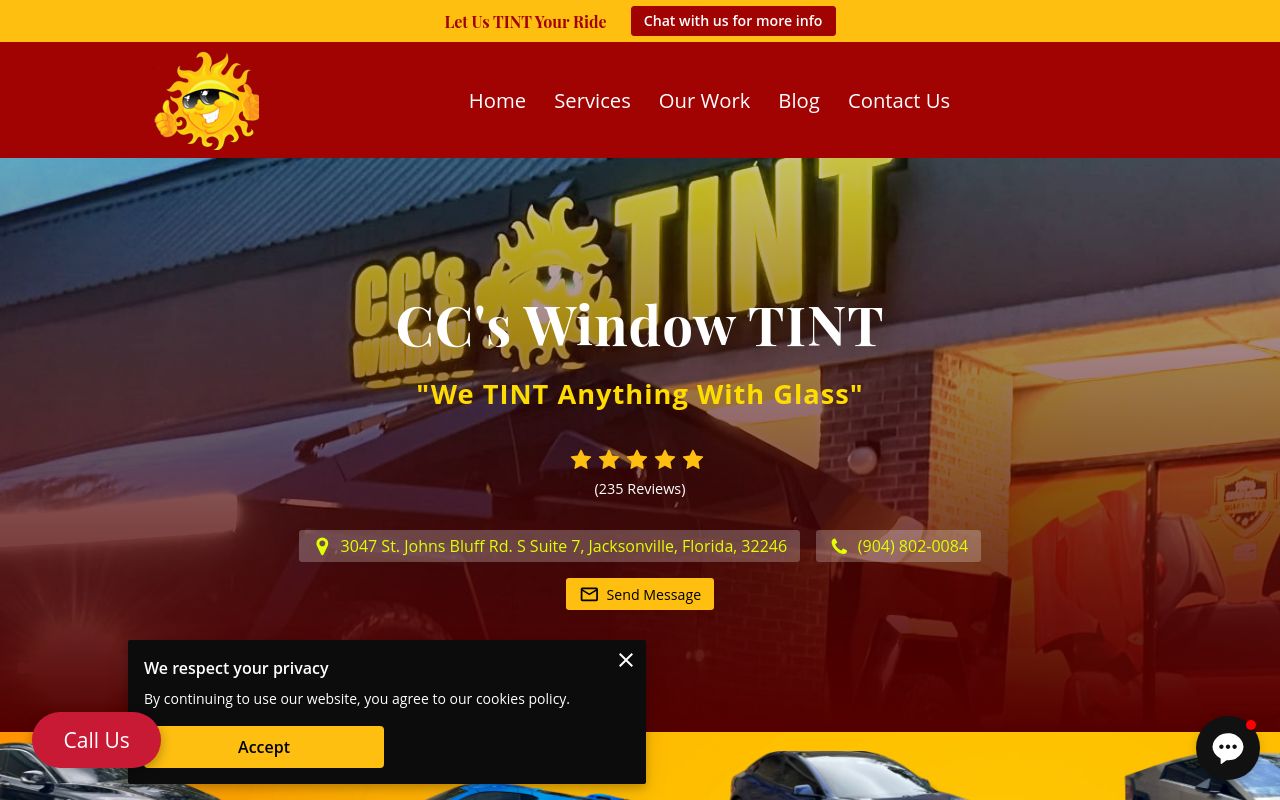 Homepage of CC’s Window TINT's website