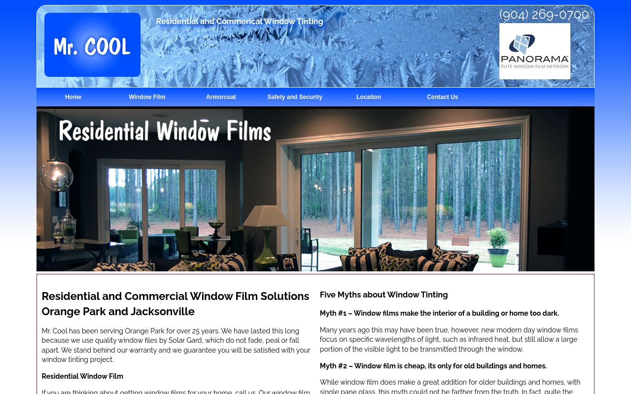 Homepage of Mr Cool Window Tinting's website