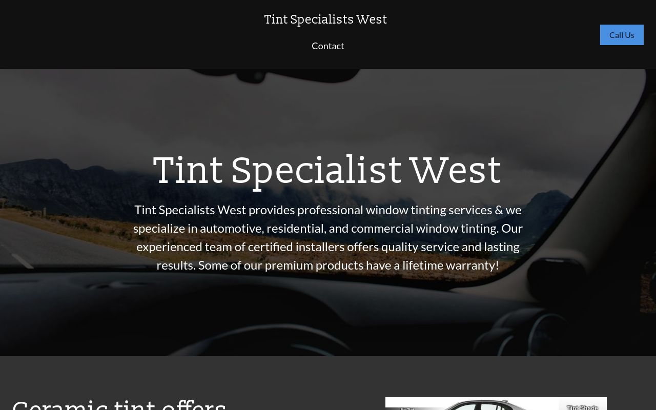 Homepage of Tint Specialists West's website