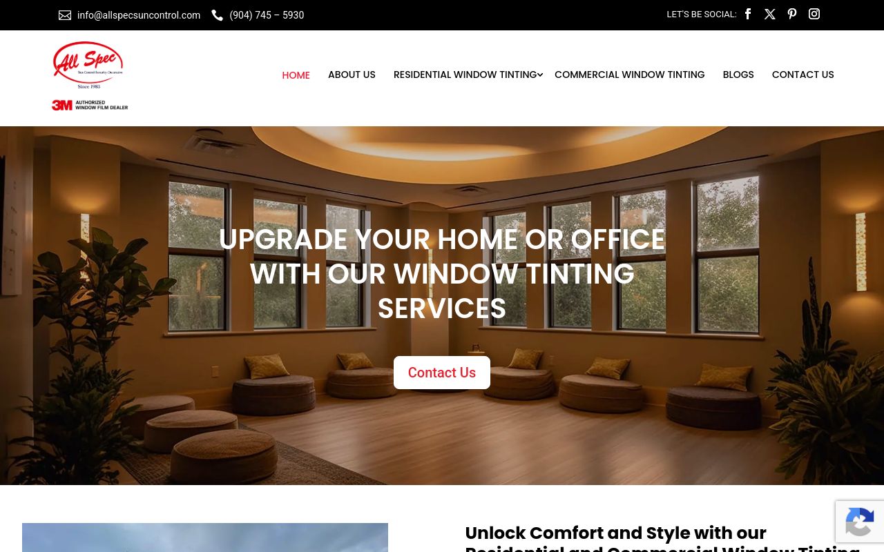 Homepage of All Spec Sun Control's website