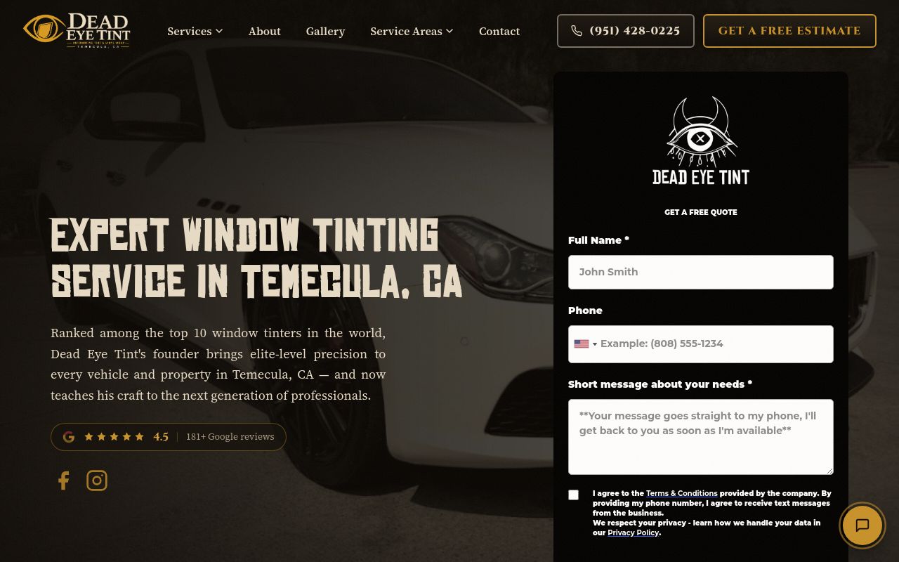 Homepage of Dead Eye Tint's website