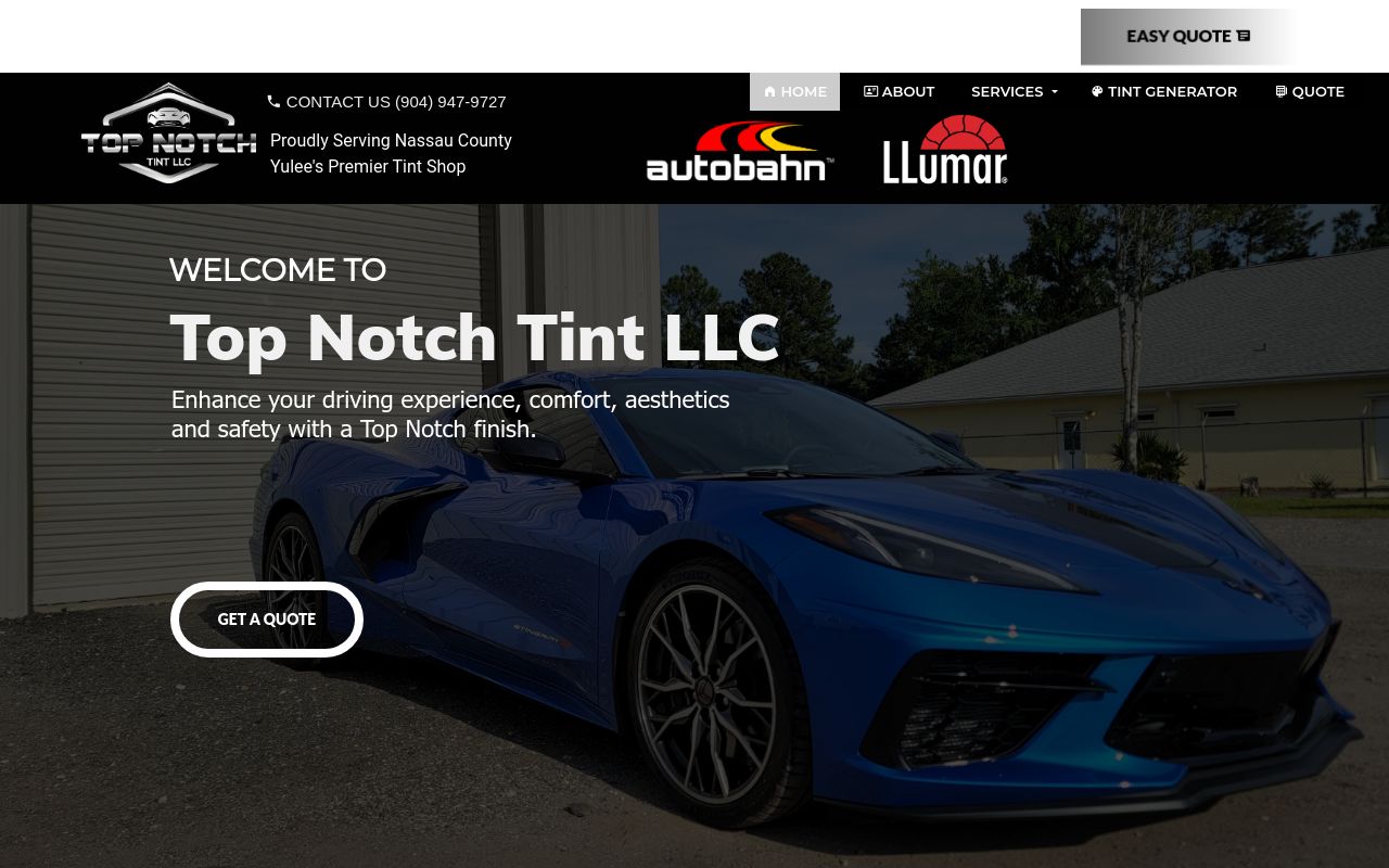 Homepage of Top Notch Tint's website