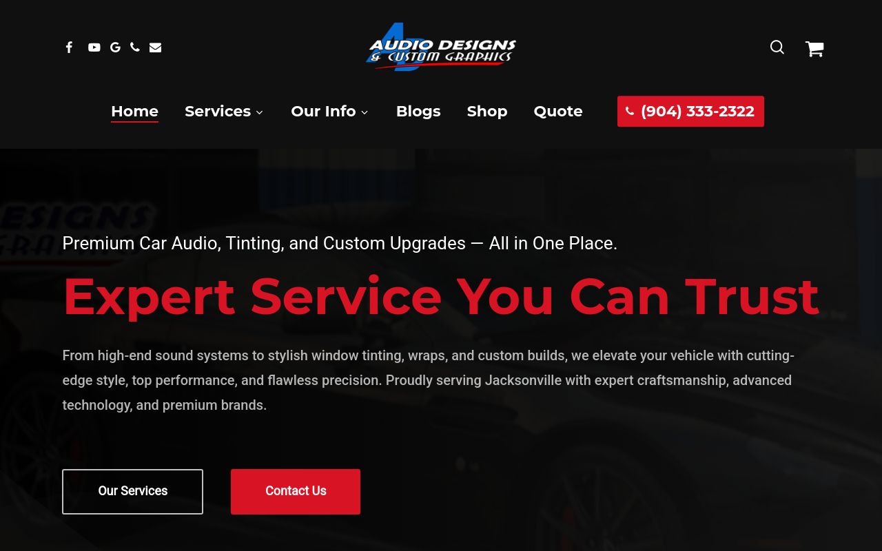 Homepage of Audio Designs & Custom Graphics's website