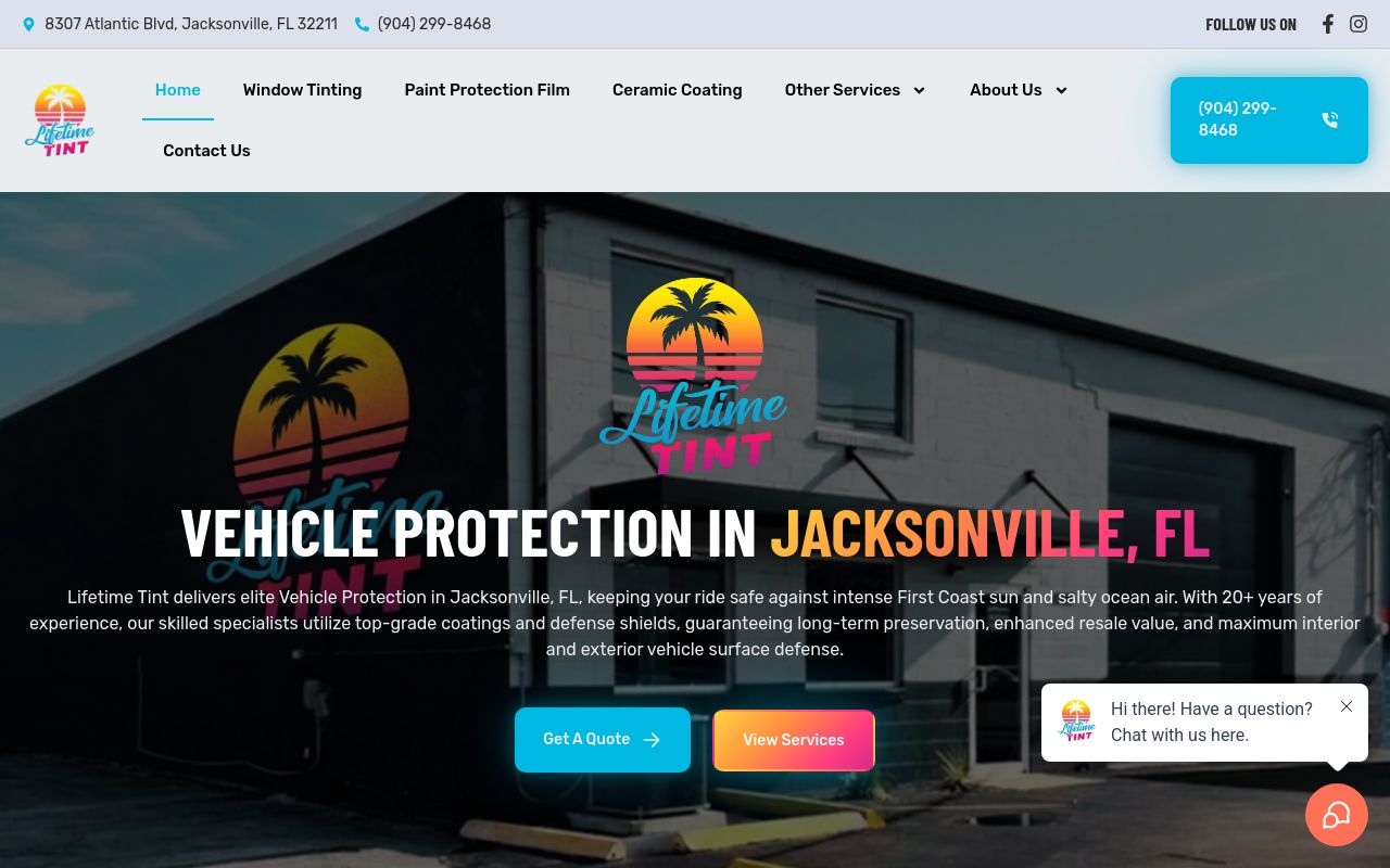 Homepage of Lifetime Tint's website