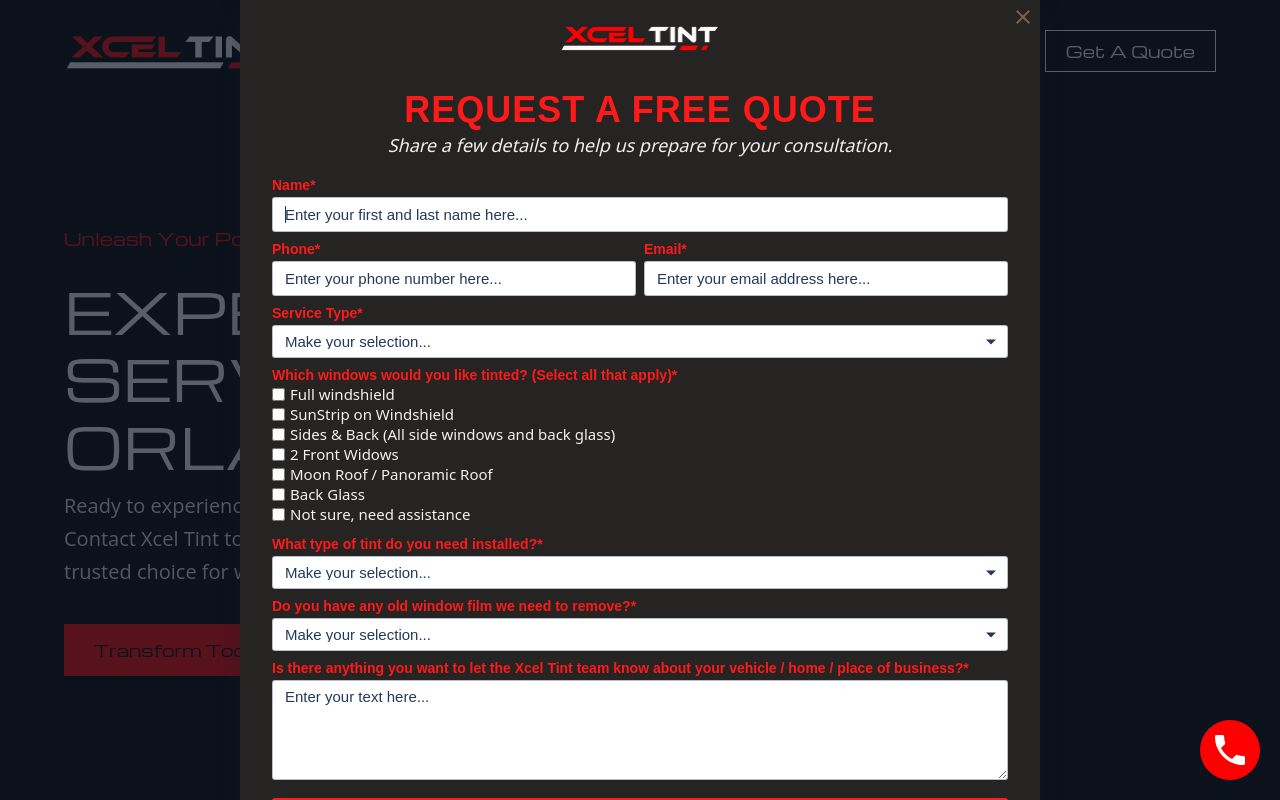 Homepage of Xcel Tint's website