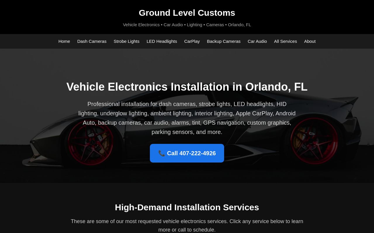 Homepage of Ground Level Customs Car Audio Alarms and Window Tinting's website