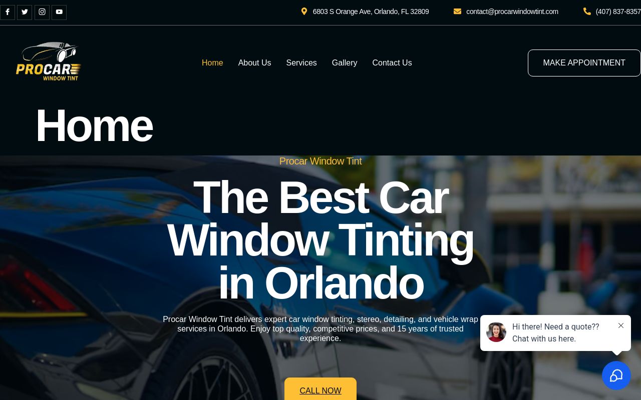 Homepage of Procar Window Tint's website