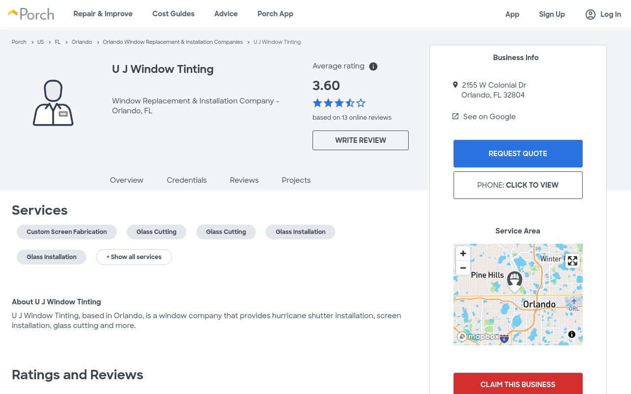 Homepage of U J Window Tinting's website