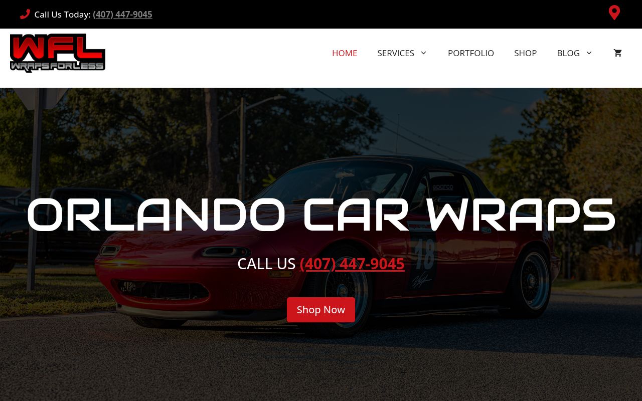Homepage of Wraps For Less's website