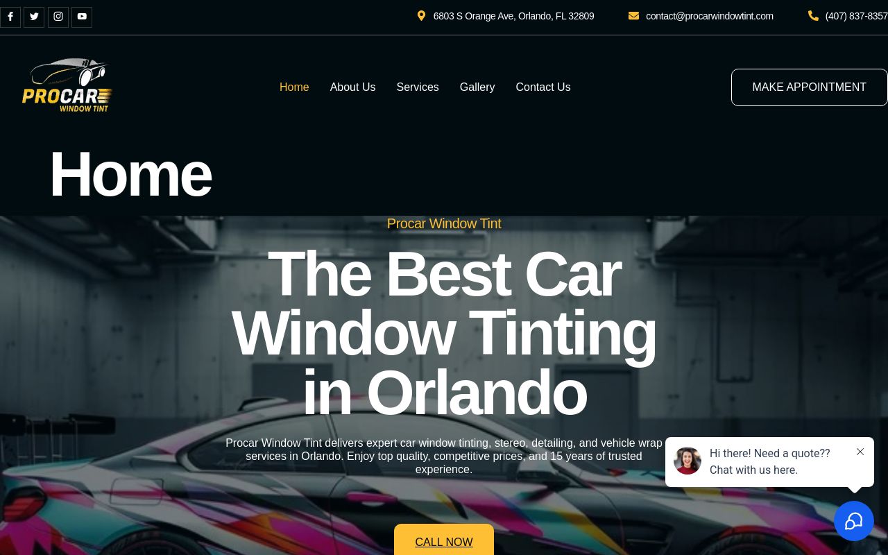 Homepage of Procar Window Tint's website