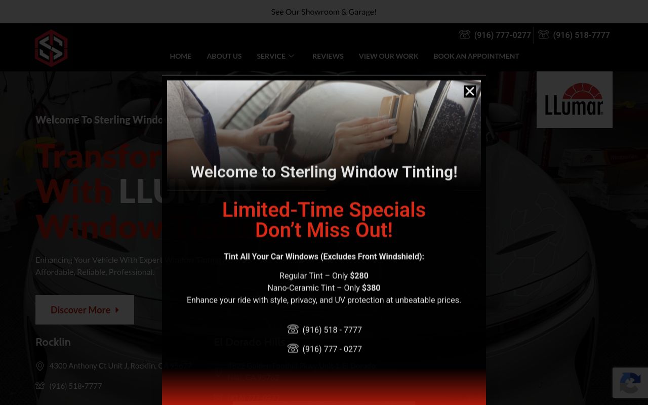 Homepage of Sterling Window Tinting's website