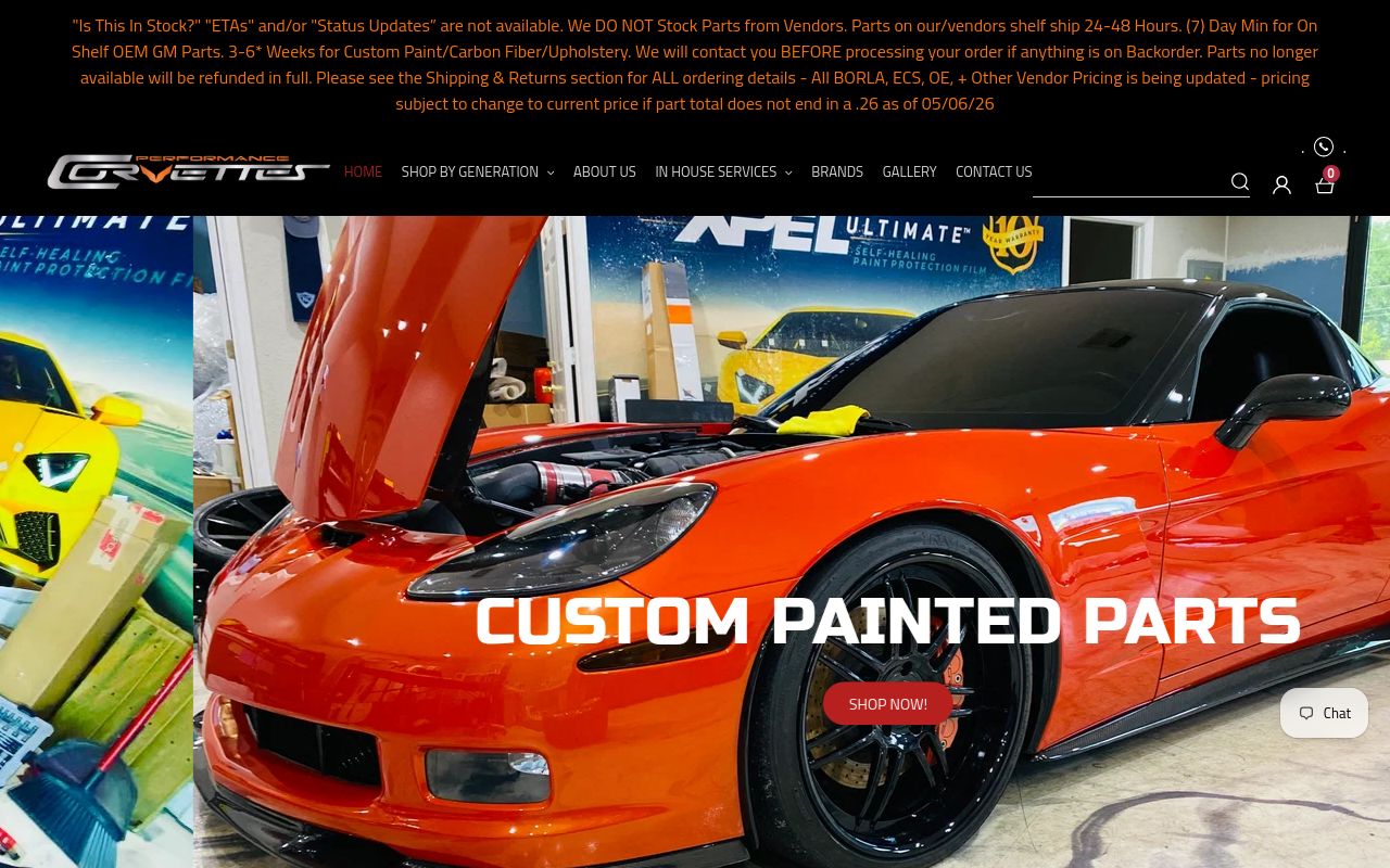 Homepage of Performance Corvettes's website