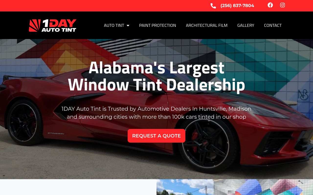 Homepage of 1Day Auto Tint's website
