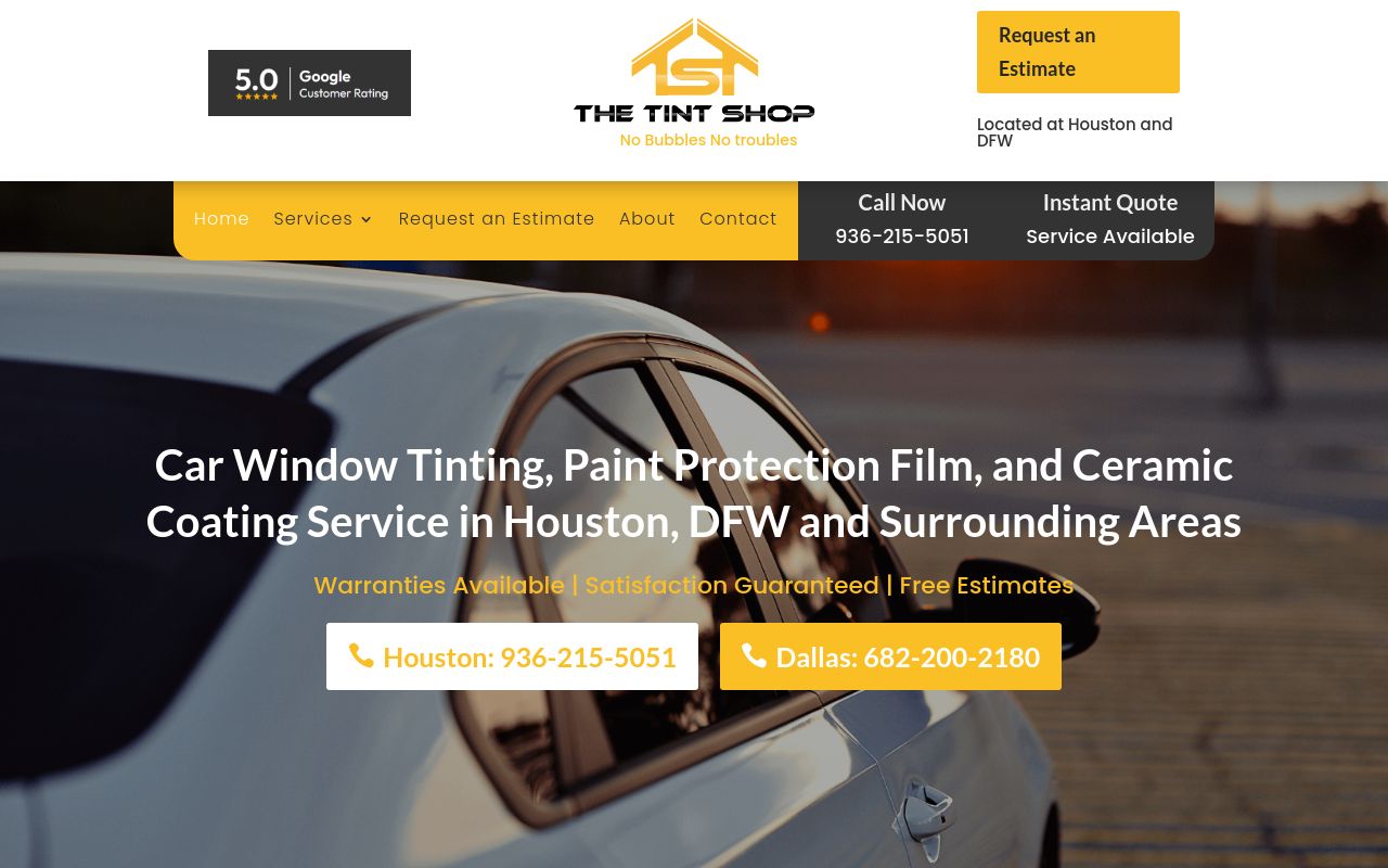 Homepage of The Tint Shop's website